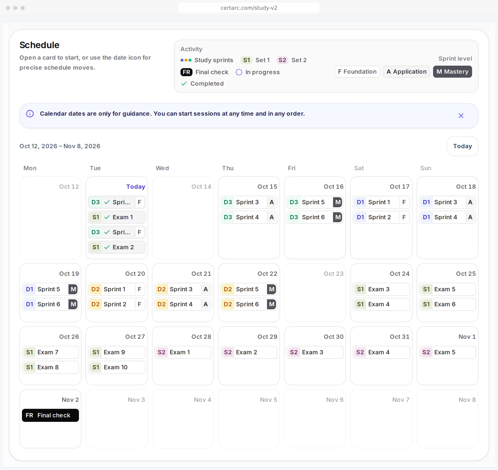 AAISM study calendar: sprints in every domain, each marked foundation, application or mastery, scheduled week by week