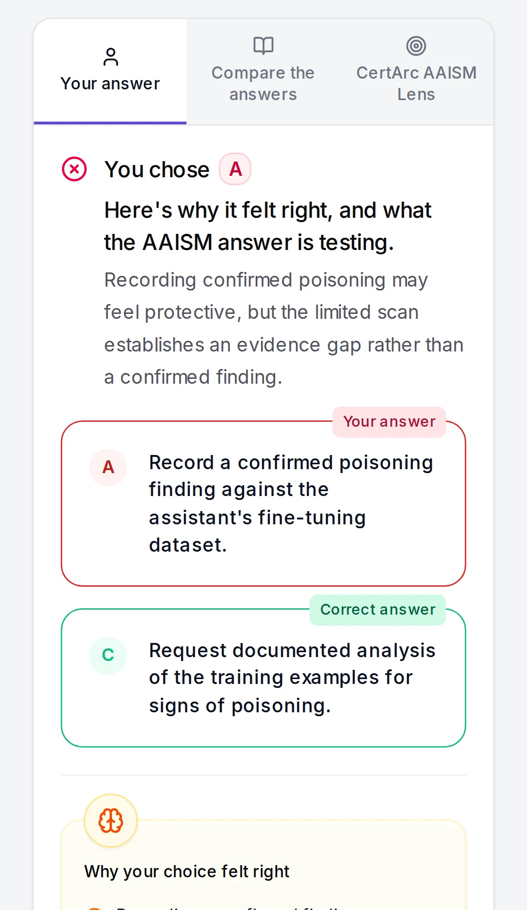 An AAISM review in CertArc: why the chosen answer felt right and what the best answer is testing