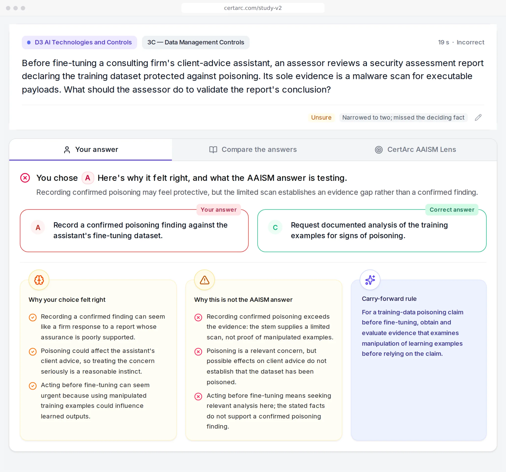 AAISM review in CertArc: why the chosen answer felt right, why it is not the AAISM answer, and the rule to carry forward