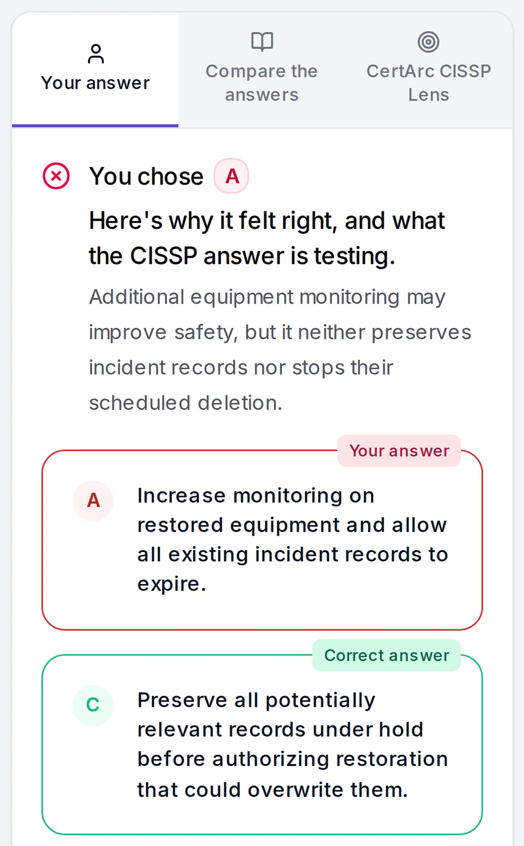 A CISSP review in CertArc: why the chosen answer felt right and what the best answer is testing