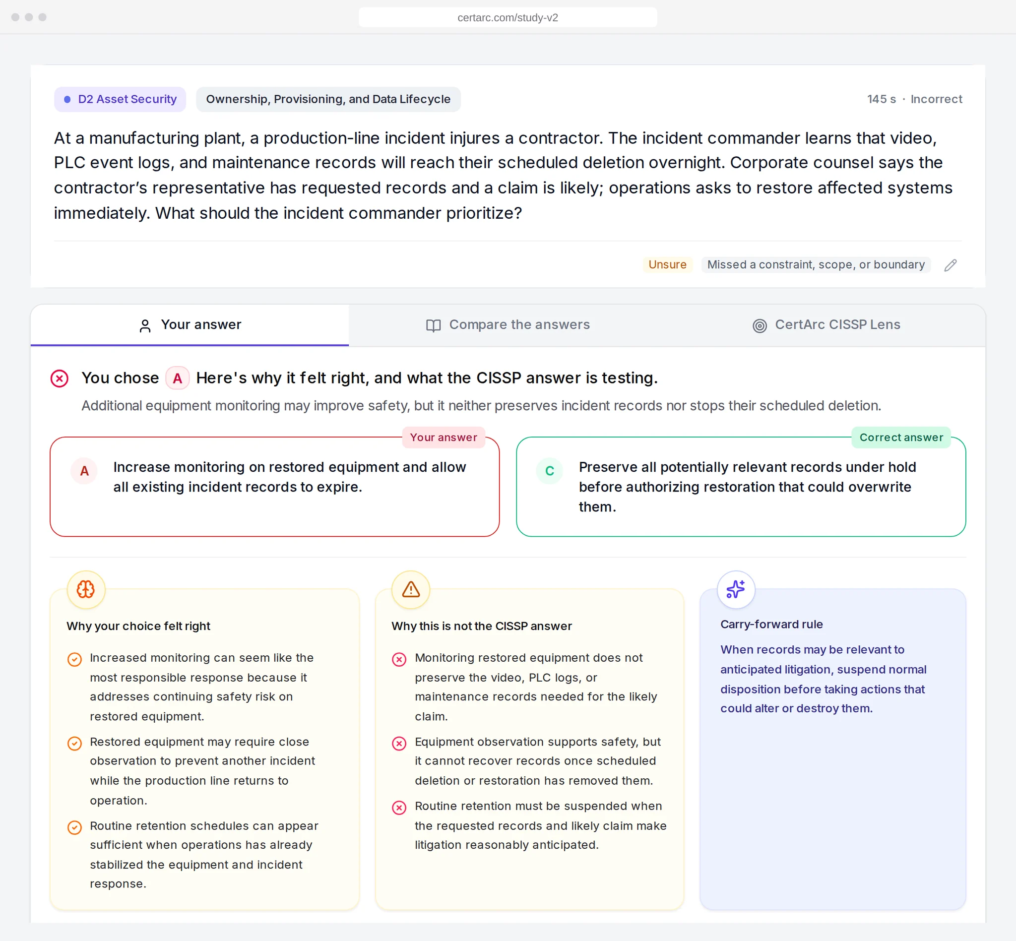 CISSP review in CertArc: why the chosen answer felt right, why it is not the CISSP answer, and the rule to carry forward